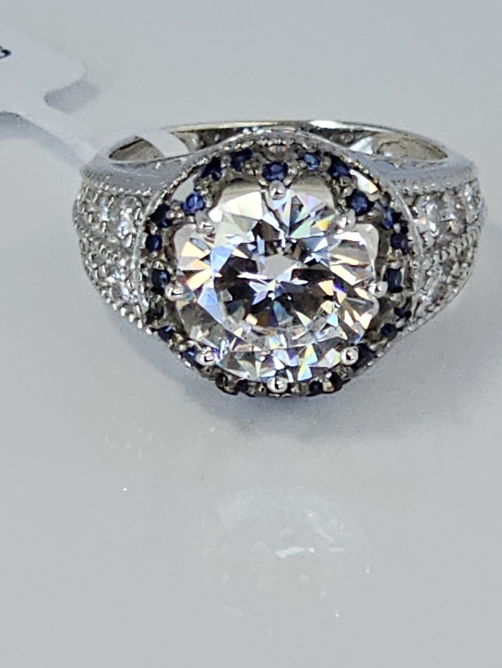 Michael Valittuti Blue Sapphire & Diamond Simulant Ring Sterling Silver Size 7